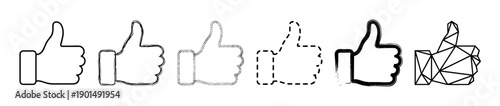 Set of six black thumbs up icons in various artistic styles including simple line art, scribble, stippled, dashed, brush stroke, and geometric polygonal design for approval