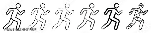 Set of six black running person icons showing different line art styles like simple outline, dashed, dotted, hand-drawn sketch, brush stroke, and low poly geometric