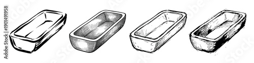 Four rectangular aluminum foil food containers drawn in a hand-sketched ink style, showing a progression of artistic techniques from clean lines to detailed cross-hatching and rough grunge textures