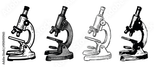Four hand-drawn microscope illustrations in a black and white sketch style, showcasing different artistic techniques like cross-hatching and stippling for a vintage scientific look