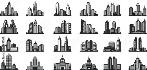 Black and white city skylines with various skyscrapers and buildings urban landscapes
