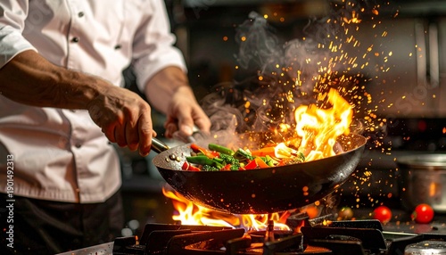 Chef cooking stir-fry with vegetables in a wok on a stovetop with flames