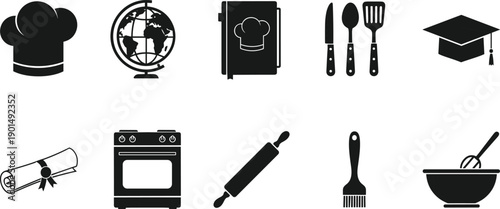 Black and white of cooking and education symbols chef hat globe
