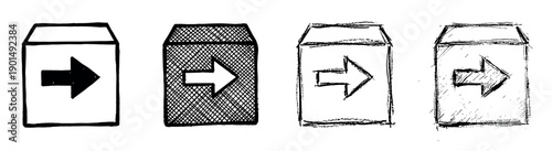 Four hand-drawn black exit or logout icons in a sketchy grunge style showing variations in texture like solid fill, crosshatching, and rough outlines