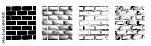 Set of four hand-drawn brick wall textures in various graphic illustration styles, including silhouette, outline, cross-hatching, and rough ink sketch for design elements