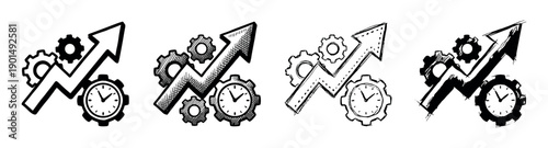 Set of four hand-drawn productivity icons illustrating growth and efficiency with an upward arrow, clock, and gears in a sketchy, black and white doodle style