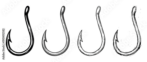 Collection of four black fishing hooks presented as a graphic set, with each hook showcasing a different illustration technique like engraving, sketching, and solid silhouette