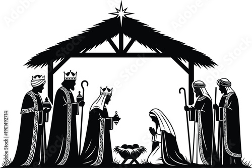 Black silhouette of nativity scene with people and manger white background
