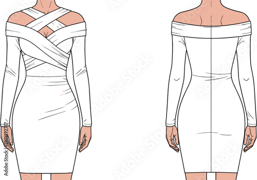 White dress with long sleeves and crisscross straps on bodice off shoulder pencil skirt