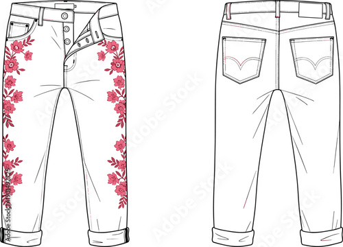 White jeans with pink floral front and back pink floral pattern cuffed jeans belt loops button fly