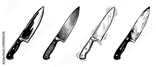 Four hand-drawn black and white chef's knives in a row, showcasing different artistic sketch styles from solid ink to detailed cross-hatching and rough outlines for culinary concepts