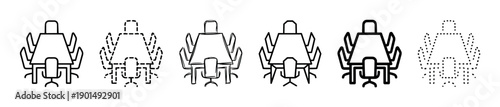 Set of conference table and chairs icons in six different linear styles including solid, dashed, dotted, and hand-drawn for business meeting or boardroom concepts