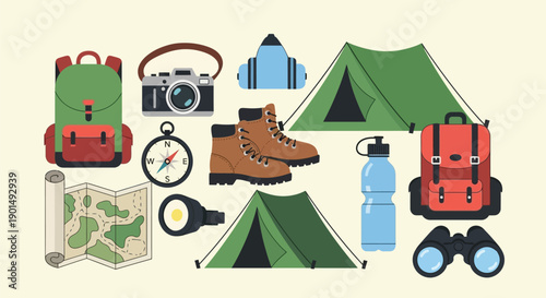 Essential Outdoor Adventure Gear Assortment for Camping and Hiking Exploration