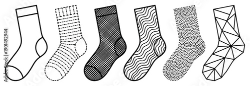 Six black and white socks with different abstract patterns like stripes, dots, waves, and geometric triangles are shown in a clean, minimalist graphic line art illustration