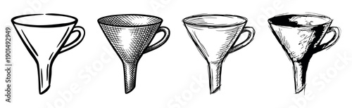 Set of four hand-drawn funnel illustrations in various sketch styles, showing a collection of kitchen or lab tools with different hatching and ink techniques