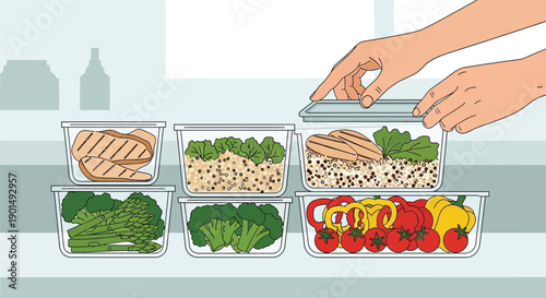 Hands sealing meal prep containers with grilled chicken grains and vegetables for healthy eating