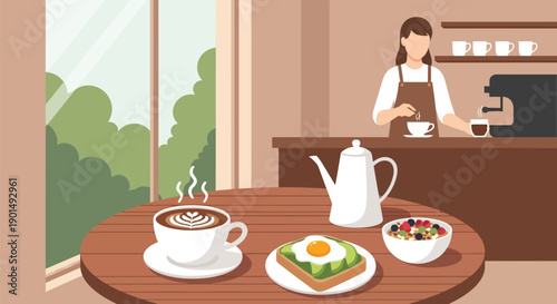 Cozy cafe scene with a barista preparing coffee and delicious breakfast spread on a table