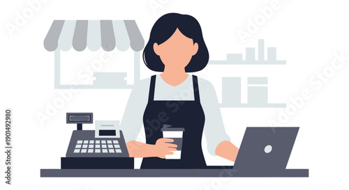 Illustrative depiction of a female barista working at a cafe counter with a laptop and cash register