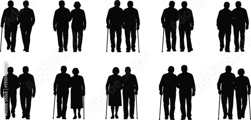 Black silhouettes of elderly couples walking together with canes white background