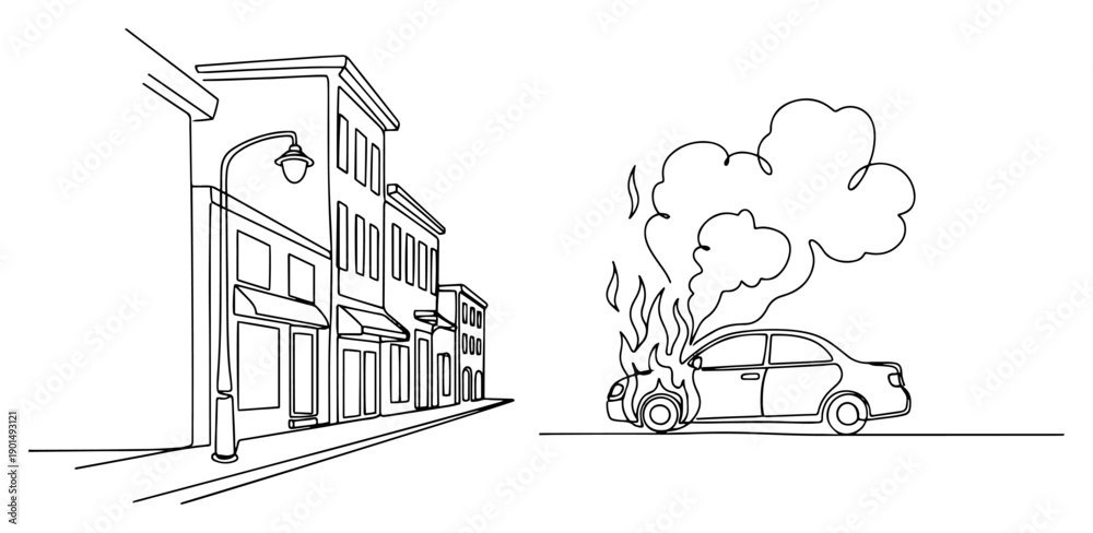 Fototapeta premium Burning car in city street one line drawing, continuous line art of vehicle on fire near buildings for urban riot scene