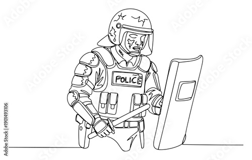 Police officer in riot gear one line drawing, continuous line art of law enforcement with shield and baton