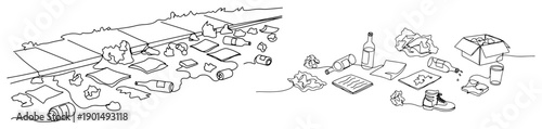 Litter and trash on the street one line drawing, continuous line art of environmental pollution with plastic bottles and paper waste