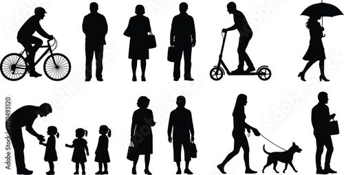 Black silhouettes of people engaging in daily activities on white background bicycle scooter