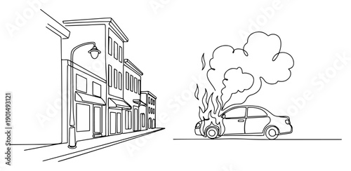 Burning car in city street one line drawing, continuous line art of vehicle on fire near buildings for urban riot scene