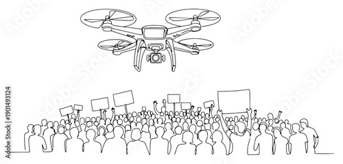 Surveillance drone flying over crowd one line drawing, continuous line art of quadcopter monitoring protesters with banners