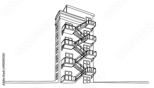Building with fire escape staircase one line drawing, continuous line art of urban architecture and emergency exit