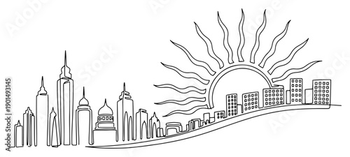 Stylized sunrise over city skyline one line drawing, continuous line art of morning sun and urban panorama