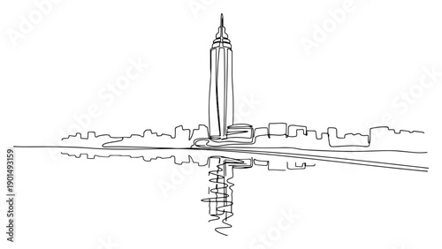 Skyscraper reflection in water one line drawing, continuous line art of landmark building and city skyline panorama