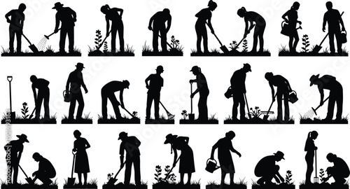 Black silhouettes of people gardening with various tools and actions