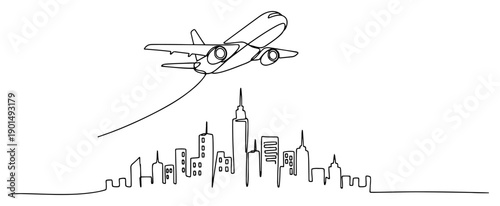 Airplane flying over city skyline one line drawing, continuous line art of travel aircraft above urban panorama with skyscrapers