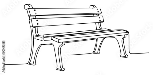 Park bench one line drawing, continuous line art of outdoor wooden seat for garden and public space relaxation concept
