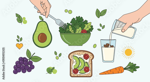 Freshly Prepared Nutritious Vegan Meal Elements Including Avocado Toast Salad and Grapes