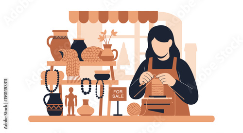 Artisan crafts stall displaying handmade pottery knitwear and jewelry with creator knitting