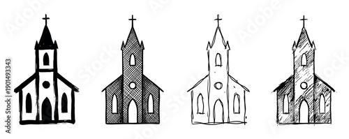 Set of four hand-drawn church illustrations in various black and white sketch styles, a collection of religious building icons with steeples and crosses for design elements