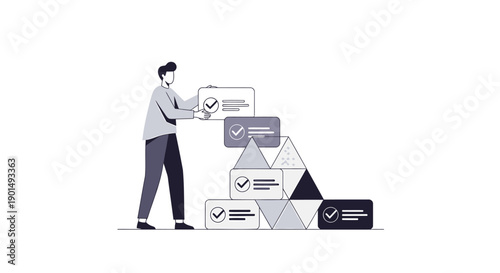Businessman building pyramid with checklist boxes, workflow management or task prioritization concept, for presentation or website, vector illustration Isolated on transparent background, png