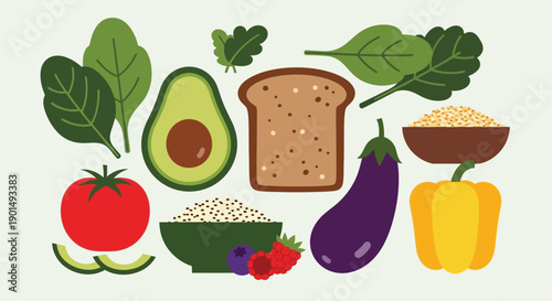 Vibrant assortment of fresh produce and grains promoting healthy eating and organic lifestyle