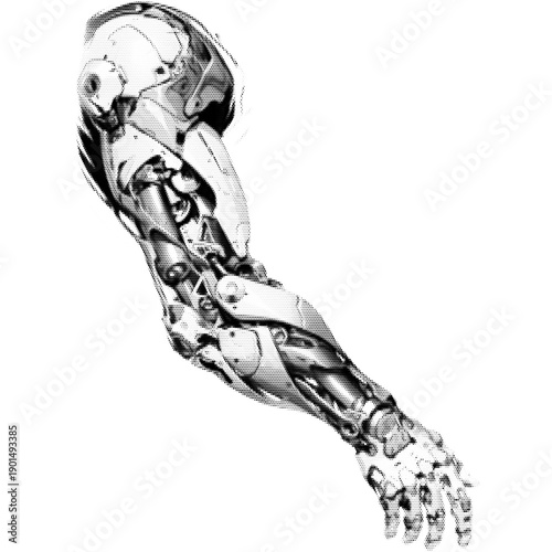 Mechanical robotic arm vintage y2k halftone art, futuristic cybernetic prosthetic limb stipple brutalist retro vector png with transparent background, bold 2000s aesthetic photocopy effect tattoo