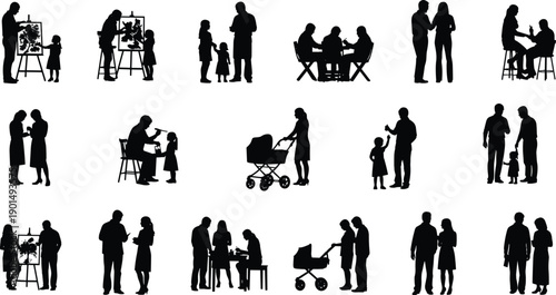 Black silhouettes of people in various social and family scenes relationships