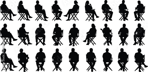 Black silhouettes of people sitting in director chairs white background