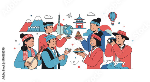 Diverse people celebrating global culture and traditions with vibrant illustrations and iconic