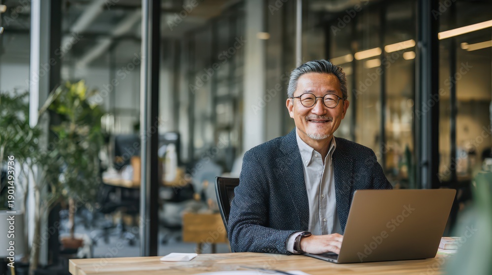 Fototapeta premium Happy mature Asian businessman with glasses working on a laptop in a modern office