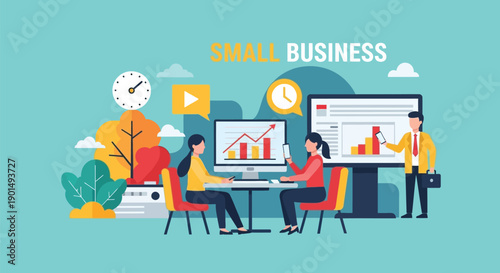 Small business analytics and team collaboration illustration showing growth strategy and planning