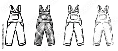 Set of four hand-drawn overalls in a rough sketch style with different textures, showcasing a black and white line art collection of casual workwear clothing