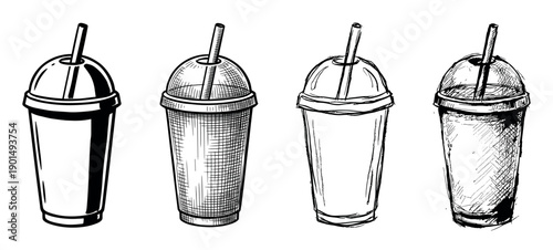 Four hand-drawn plastic takeaway cups with straws in various sketch and graphic styles, showing a collection of disposable drink containers for smoothies or milkshakes