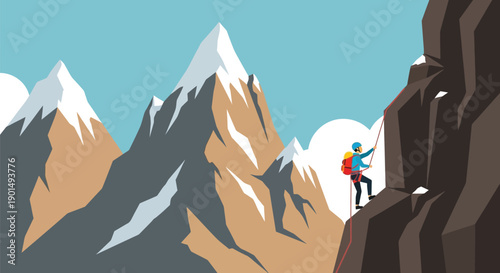 Adventurous climber scales a rugged mountain peak against a backdrop of snowy peaks and clear blue