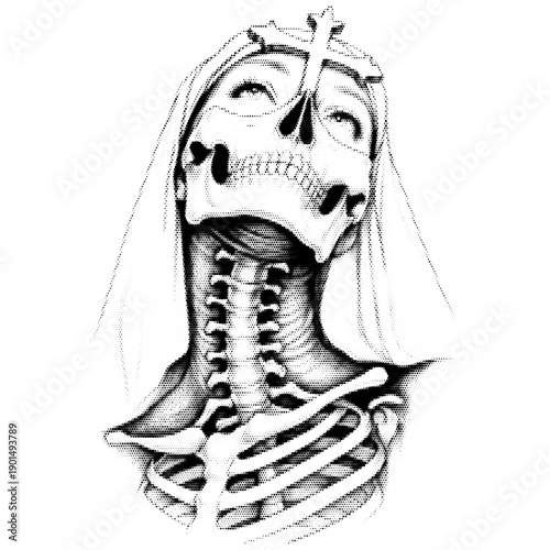 Skull nun vintage y2k halftone art, gothic macabre religious figure stipple brutalist retro vector png with transparent background, bold 2000s aesthetic photocopy effect tattoo